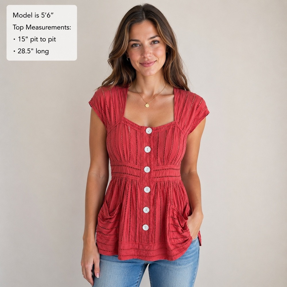 Boho Babydoll Eyelet Top Size XS Cottage Prairie Peasant Girlhoodcore Summer